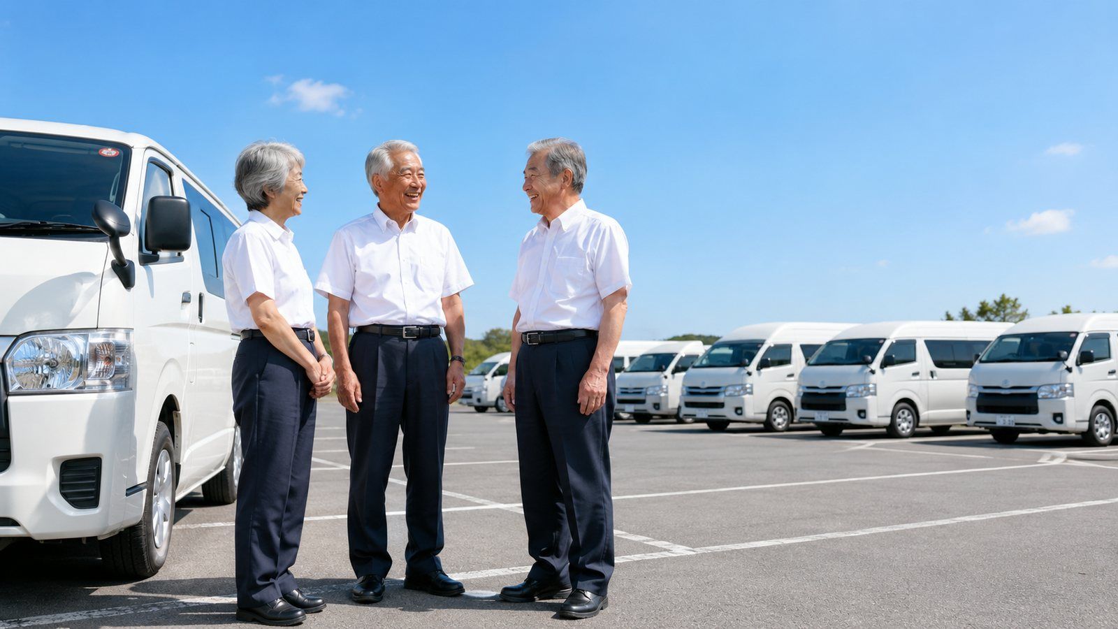 よく晴れた朝、営業所の駐車場で笑顔で話す3人のドライバー