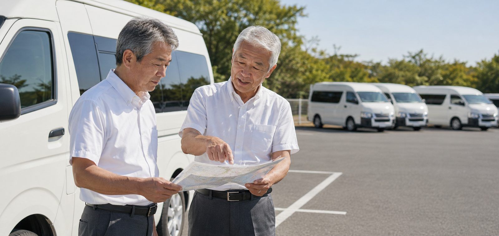 先輩ドライバーが新人にコースを説明している様子