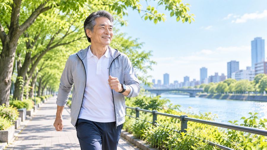 川沿いの道をウォーキングする男性