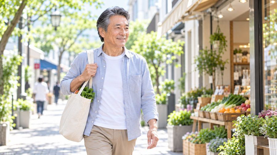 平日の昼間に買い物をする男性