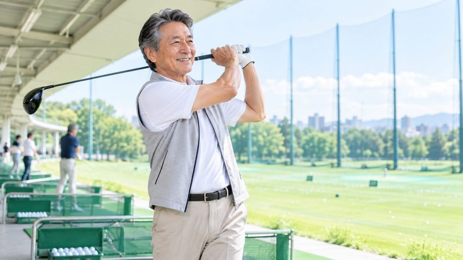 ゴルフ練習場でスイングする男性