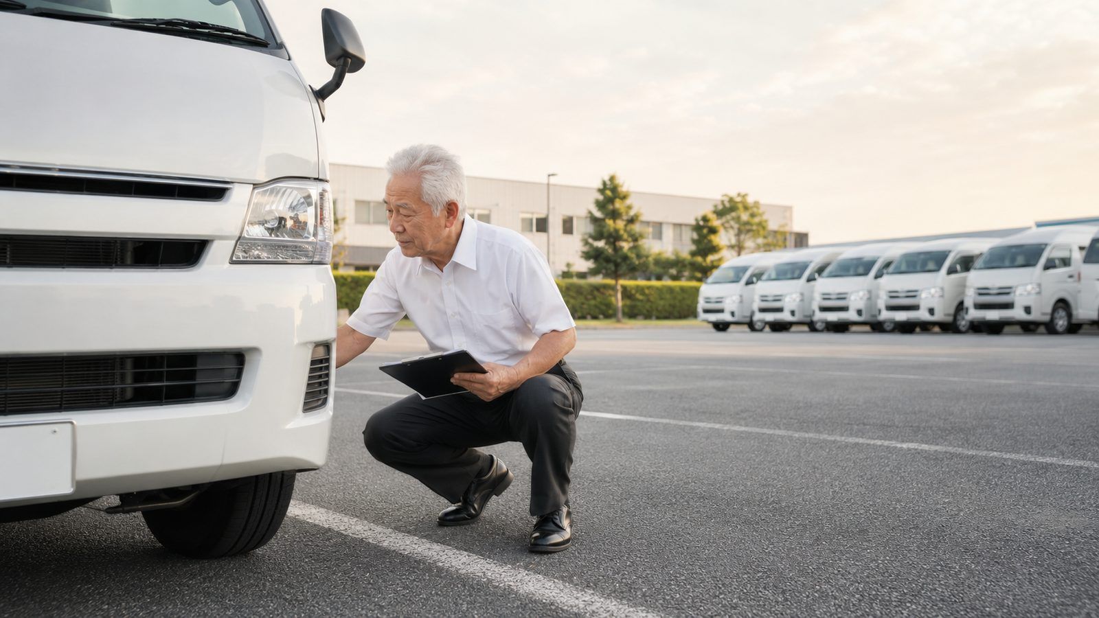 出発前に車の足回りを点検するドライバー